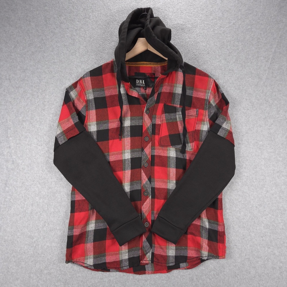DRL Essentials Mens Small Red Black Plaid Hooded Flannel Shirt Jacket Lumberjack